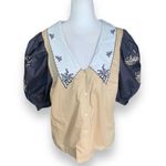 Sunyuer Embroidered Blouse Beige Black Dark Floral Puff Sleeve Deep Vneck Collar Black Size M Photo 8