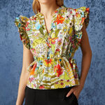 Marie Oliver Olive Ruffle Peplum Cotton Poplin Blouse Botanic Floral XS Photo 0