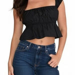 Lulus  Black Square Neck Puff Sleeve Cropped Peplum Top Size S NWT Photo 0