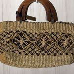 Anne Klein Woven Straw Macrame Handbag Boho Tote Purse Wooden Handles Coastal Photo 0