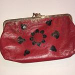 Vintage Leather Gold Tone Embossed Red Gilt Kiss Lock Clutch Purse Photo 1