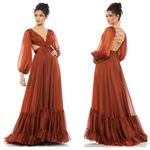 Mac Duggal  67948 Copper Pleated Cut Out Long Sleeve Lace Up Tiered Gown 2 Photo 0