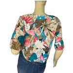 VINTAGE 1980'S JESSICA SCOTT TAUPE, SALMON & TURQUOISE FLORAL PRINT COTTON TOP S Pink Photo 3