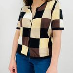 vintage earth tone checkered button down knit sweater top ramie cotton blend S Brown Photo 6