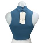 ZARA NEW Blue Ribbed Knit Sleeveless High Neck Cami Camisole Tank Crop Top XS/S Photo 1