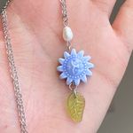 Handmade unique funky cute orange ceramic sun & Czech glass leaf & freshwater pearl necklace☀️🌿 Photo 7