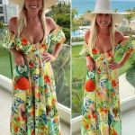 STAUD Coliseum Off-The-Shoulder Linen Tropical Print Dress Size 8 Photo 1