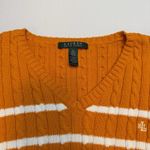 Ralph Lauren Lauren  Cable Knit Long Sleeve V Neck Sweater Orange Stripe Medium # Photo 6