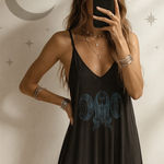 Black Celestial Maxi Dress Lagenlook Stars Moon Boho Flowy Artistic Small Photo 0