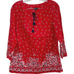 Talbots Red Paisley Floral Print Tassel Tie Neck Tunic Top Size S bandana boho Photo 0