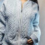 Gray Cable Knit Cardigan with Chevron Patterns Size M Photo 0