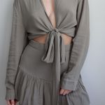 Mable Linen Tie Front Long Sleeve Two Piece Set Green Photo 1