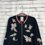 Elevenses  Embroidered Bomber Jacket Women’s L Black Floral Satin Zip Up Boho Photo 4