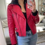 Alice + Olivia  Avril Red Leather Moto Jacket with Attached Hoodie Photo 3