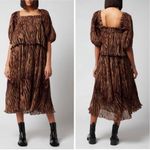 Ganni NWT Pleated Georgette Midi Dress Tigers Eye Size 36 US Size 4 Printed Photo 1