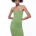 ZARA Green Pink Jacquard Spaghetti Straps Straight Neck Fitted Midi Dress L Photo 0