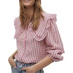 Mango Babydoll Gingham plaid cotton buttoned shirt blouse red white Sz 10 Photo 0