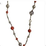Tory Burch  Faux Pearl & Resin Evie Logo good orange Convertible  Necklace $258 Photo 5