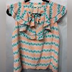 PALOMA BLUE Sophia Ruffled Printed Silk Crepe De Chine Top Medium Semi Photo 1