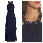Eliza J Beaded Halter Tiered Chiffon Gown 18 Navy Photo 1