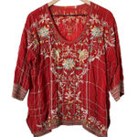 Johnny Was Red Embroidered Grid 3/4 Sleeve Tunic Blouse Top Size XS Photo 0