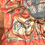 VINTAGE Equestrian ORANGE Horses and Tassels Print silky Scarf 35’/35’ Photo 6