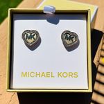 Michael Kors Gold Heart Logo Stud Earrings Crystal Halo NWT Photo 1