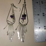 Long Vintage Silver Dangle Earrings Purple Amethyst Pearl Beads Fringe Photo 3