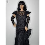 Vintage Demetrios Black Beaded Evening Gown with Dramatic Bow gloves M Photo 7