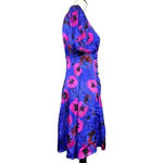 Topshop  Floral V-Neck A-Line Satin Mini Dress US 4 Blue Pink Short Sleeve Button Photo 5