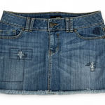 a.n.a  Distressed Mini Denim Skirt with Embroidered Details and Frayed Hem Size 8 Photo 0