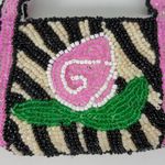 Vintage Handmade Womens Coin Purse Pink Black Rose Embellished Beads with Handle Photo 1