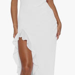 White Long Dress High Slit Ruffle Photo 0