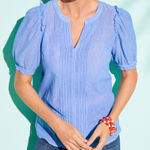 Talbots Petite Blue Stripe V Neck Puff Sleeve Top Size MP Popover in Sunny Beach Photo 0