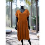 Lou & grey LOFT Linen Blend Babydoll Midi Dress Rust Orange V-Neck Short Sleeve Size L Photo 1