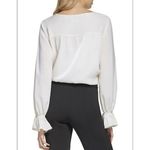 DKNY  Satin Ruffled Blouse Top MEDIUM Ivory long sleeves cut off neck NWT Photo 3