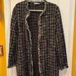 ZARA BLACK WHITE SILVER TWEED LIKE JACKET OPEN FRONT WITH FRAY LIKE FRINGE Photo 0