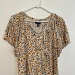 CHAPS  Jersey Flutter Sleeve Top Cream Yellow Multi Paisley Lace Up Short Sleeve Photo 3
