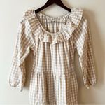J.Crew  Seersucker Ruffle Neck Mini Dress Size 6 Side Zip Cotton Tan/White Plaid Photo 2