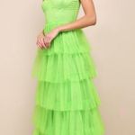 Lulus Rule the Runway Lime Green Tulle Bustier Tiered Maxi Dress Size S Photo 2