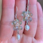 Handmade quality Czech glass flower beads & natural shell pearls dangle earrings🩵💚 Photo 4
