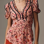 Maeve Anthropologie Pink Floral & Vanity Print Tunic Top Blouse Size L Photo 0