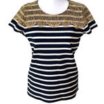 Ann Taylor Vintage Y2K Navy and White Stripe Lace Top Pique Tee Shirt Top Small Photo 0