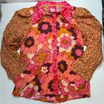 Celia B Colorful Floral Button Down Shirt Medium NWT Puff Sleeve Pink Photo 0