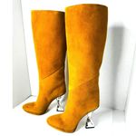 Brandon Maxwell Camel Suede Knee High Boots Sz 39 US 9 Sculptural Metallic Heel Tan Photo 1