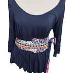 Anthropologie A Common Thread Blouse Obi Patchwork Belt Sash Boho Navy Blue Top Size M Photo 0