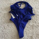 ZARA New Ruffle Halter Tie Neck Bodysuit with Flower Royal Blue Size S Photo 9