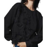 Anthropologie Black Crew Neck Long Sleeve Crop Sweatshirt Floral Applique Small Photo 0