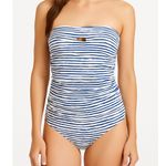 Nicole Miller Studio Bandeau One-Piece Swimsuit Size 8 NWT Blue White Stripes Photo 0
