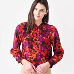 Saylor BECK ABSTRACT RED ORANGE PURPLE FLORAL RUFFLE MOCK NECK BLOUSE SIZE XS Photo 0